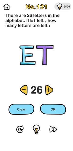 Poziom 130 Alfabet składa się z 26 liter. Jeśli ET zniknie, ile liter zostanie?
